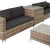 TecTake 800678 Salon de Jardin 4 Personnes en résine tressée, 2 Canapés modulables, Coffre de Rangement et Table Basse en Verre Inclus – Plusieurs Couleurs Disponibles (Marron Naturel | no. 403723)