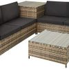 TecTake 800678 Salon de Jardin 4 Personnes en résine tressée, 2 Canapés modulables, Coffre de Rangement et Table Basse en Verre Inclus – Plusieurs Couleurs Disponibles (Marron Naturel | no. 403723)