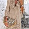 51-jnzT2tHL._AC_.jpg Minetom Robe Été Femme de Plage Rétro Robes Col V Lâche Manches Longues Bohème A-Line Gland Mini Robe Dentelle Floral Robe de Cocktail