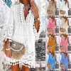 61xl4t08CkL._AC_.jpg Minetom Robe Été Femme de Plage Rétro Robes Col V Lâche Manches Longues Bohème A-Line Gland Mini Robe Dentelle Floral Robe de Cocktail