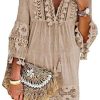 Minetom Robe Été Femme de Plage Rétro Robes Col V Minetom Robe Été Femme de Plage Rétro Robes Col V Lâche Manches Longues Bohème A-Line Gland Mini Robe Dentelle Floral Robe de Cocktail
