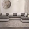 OTIA - Canapé d'angle panoramique et Convertible XXL en U - en Simili et Tissu - Angle Droit (Gris et Blanc)