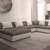 OTIA - Canapé d'angle panoramique et Convertible XXL en U - en Simili et Tissu - Angle Droit (Gris et Blanc)