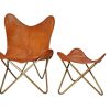 Chaise marron en cuir et tabouret ottoman en cuir avec cadre en fer