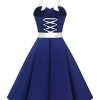 31gKtulIZbL._SL500_.jpg Dressystar DS1957 Robe de Bal Polka Vintage pin-up à 'Audrey Hepburn' 50's 60's Rockabilly Halter,Dos Nu, Bleu Saphir et Blanc XL
