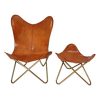 Chaise marron en cuir et tabouret ottoman en cuir avec cadre en fer