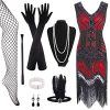 FEPITO Robe à franges à sequins et à col en V des années 1920 avec un ensemble d'accessoires des années 20