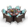 Salon de jardin en rotin Savannah | Ensemble marron table Salon de jardin en rotin Savannah | Ensemble marron table ronde et chaises de jardin 6 places | Meubles de luxe en osier et polyrotin pour véranda ou terrasse | Parasol et housse de protection inclus