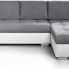 31RUbduMZL._AC_.jpg Canapé d'angle Simon 255 cm - Convertible et réversible avec Coffre - 3 Places - Simili Blanc/Tissu Gris + 2 poufs