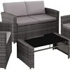 TecTake Salon de Jardin en Résine Tressée 4 Personnes, 1 TecTake Salon de Jardin en Résine Tressée 4 Personnes, 1 Canapé, 2 Fauteuils, 1 Table avec Plateau en Verre, Coussins d’Assise et de Dossier Inclus (Gris)