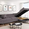 Canapé d'angle gris convertible 5 places avec coffre de rangement en microfibre