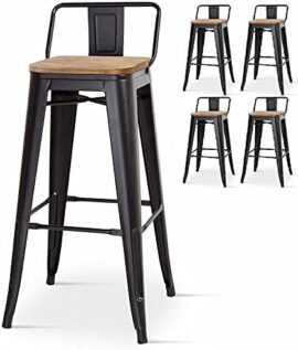 KOSMI - Lot de 4 chaises de Bar, Grands tabourets Style Industriel avec Petit Dossier en métal Noir Mat et Assise en Bois Naturel Clair, Assise Hauteur 76cm