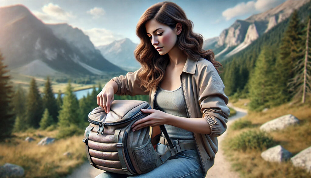 Femme avec sac de voyage pliable Femme avec sac de voyage pliable
