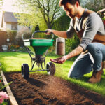 Homme utilisant un épandeur d'engrais pour ses semences Homme utilisant un épandeur d'engrais pour ses semences