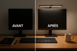 Amélioration de luminosité avec une lampe pour écran d'ordinateur avant et après