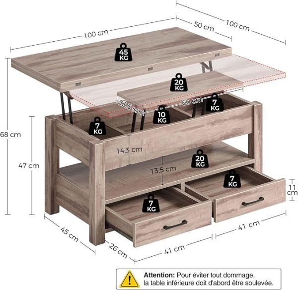 Table Basse Relevable en Bois avec Tiroir + Rangement Caché Rolanstar