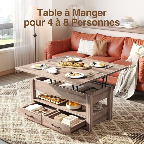 Table Basse Relevable en Bois avec Tiroir + Rangement Caché Rolanstar
