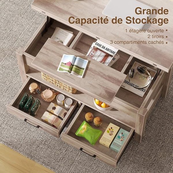 Table Basse Relevable en Bois avec Tiroir + Rangement Caché Rolanstar