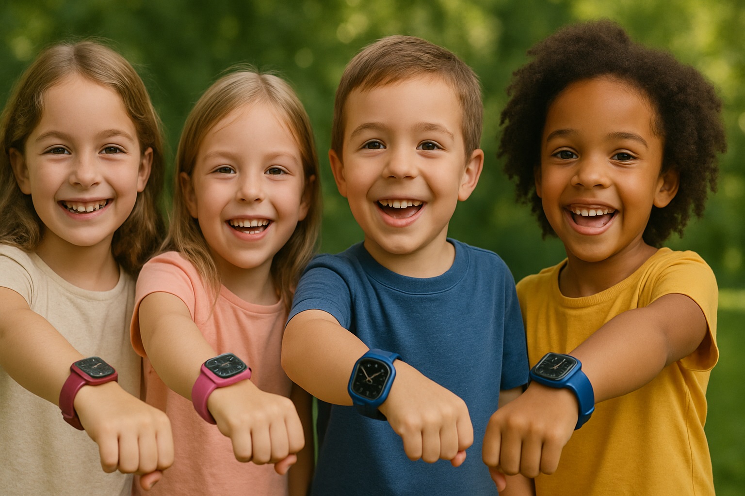 Montres connectées portées par des enfants heureux
