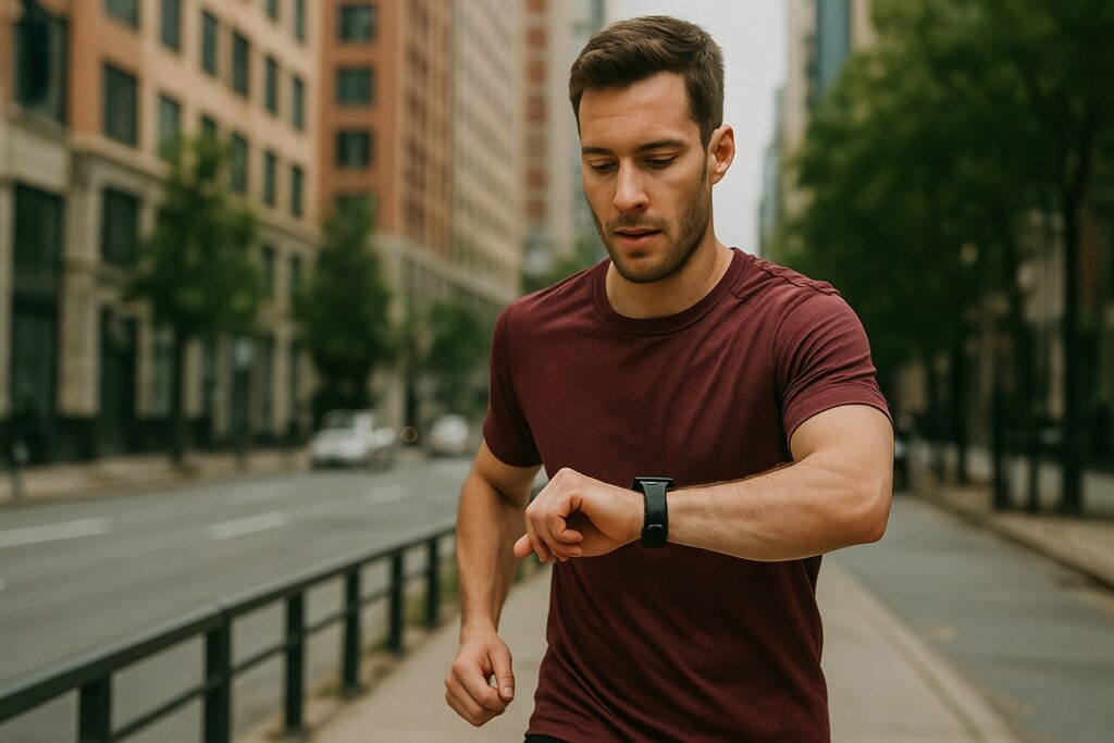 Homme vérifiant sa montre connectée pendant le sport Homme vérifiant sa montre connectée pendant le sport