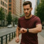 Homme vérifiant sa montre connectée pendant un jogging