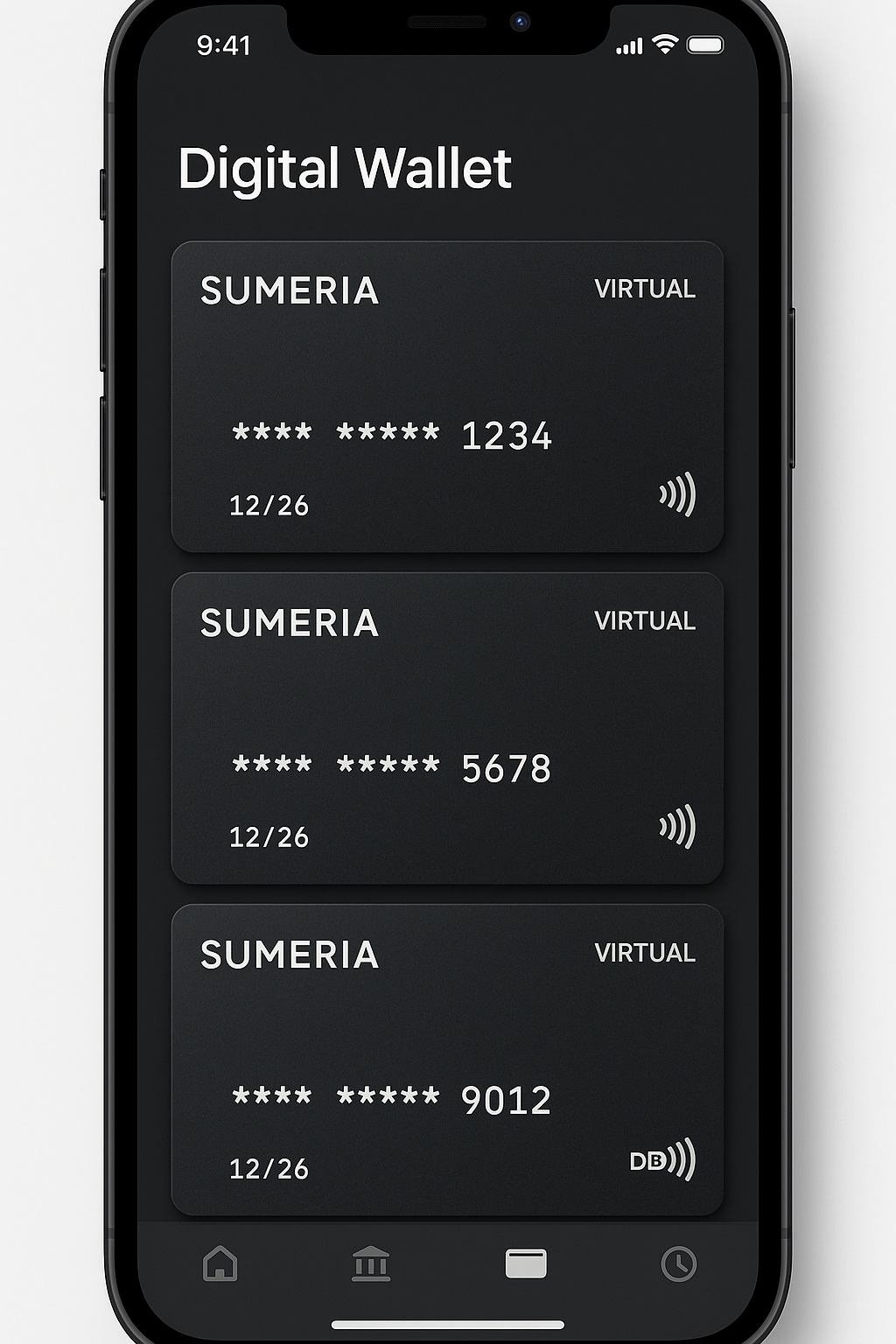 Interface application Sumeria — création de cartes virtuelles sécurisées