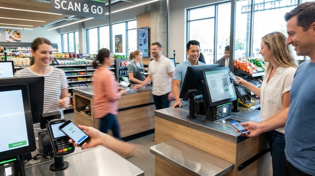 Paiement mobile rapide en caisse de magasin Rapidité paiement mobile caisse supermarché file attente